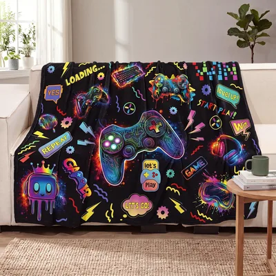 Neon Gaming Controller Pattern Blanket features a glowing