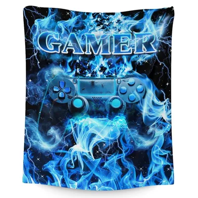 Gamer Controller Blue Flames Blanket: Electric Gaming Design