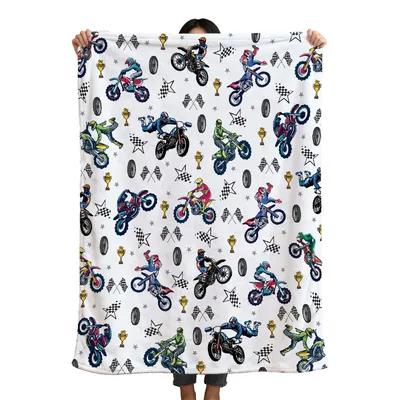 Dirt Bike Racers Blanket: Motocross Pattern with Trophies and Flags