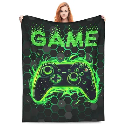 Gaming Controller Green Flames Blanket for Gamer Room Decor