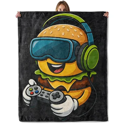 Gamer Burger Cartoon Blanket features a smiling hamburger
