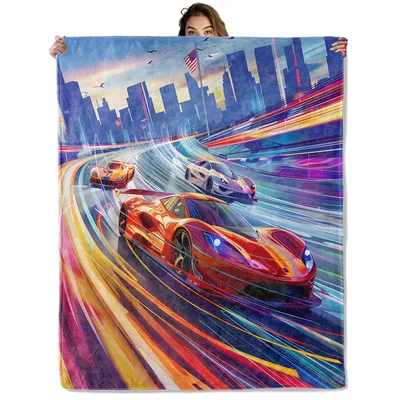 Neon Racing Sports Cars Blanket: High-Speed City Art for Drivers