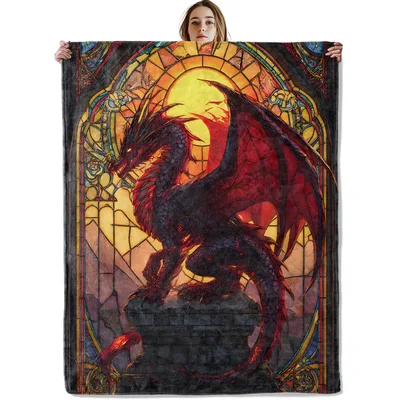 Stained Glass Dragon Fantasy Blanket: Gothic Red Dragon Window Design