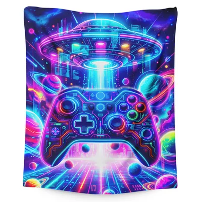 Neon Gaming Controller Space Blanket: Neon UFO and Controller Design