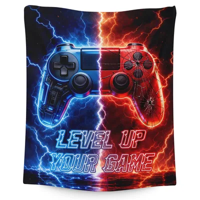 Level Up Your Game Blanket with Controller and Lightning Design