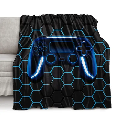 Blue Glow Gamer Controller Blanket featuring a neon blue gamepad