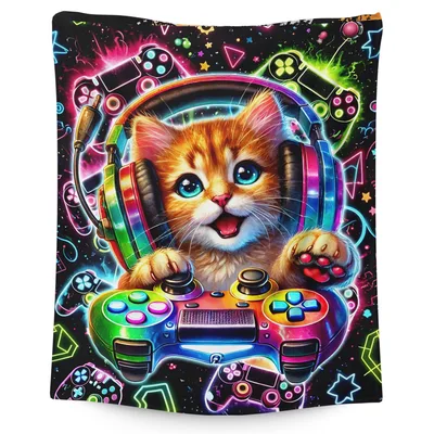 Gaming Kitten with Headphones Blanket: Neon Gamer Cat Design
