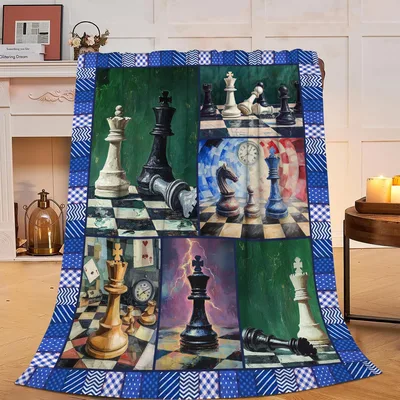 Chess Pieces Board Pattern Blanket: Artistic Chessboard Collage Design
