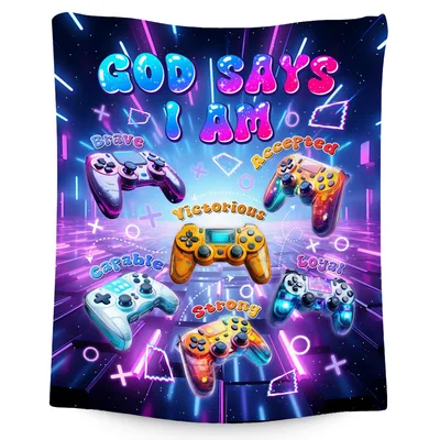 God Says I Am Gaming Blanket with Neon Controllers and Affirmations