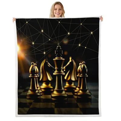 Golden Chess Pieces Blanket: Golden King and Knights on a Dark Board