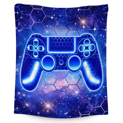 Glowing Gaming Controller Galaxy Blanket: Neon Blue Gamepad Design