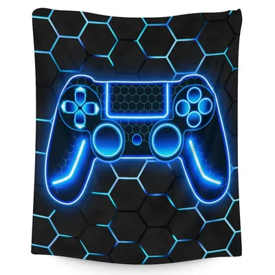 Neon Blue Gaming Controller Blanket for Fuzzy Plush Throw