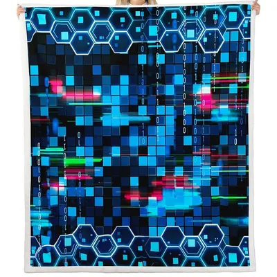 Cyber Hexagon Blue Pixels Blanket featuring neon geometric grids