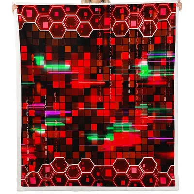 Red Hexagon Pixel Geometric Blanket Cyberpunk Digital Art Design