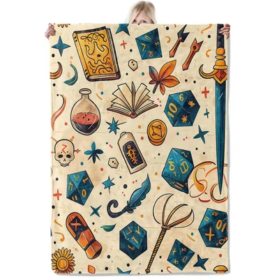 Fantasy Dice and Spell Blanket featuring blue D20s grimoires
