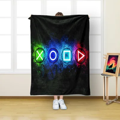 Neon Gaming Button Symbols Blanket featuring glowing controller icons
