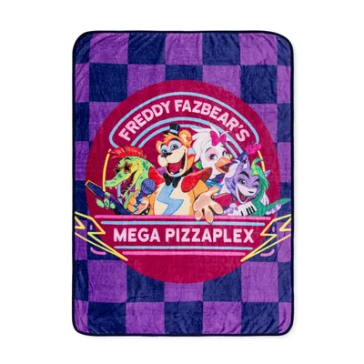 Pizzaplex Animatronic Party Badge Blanket features Freddy