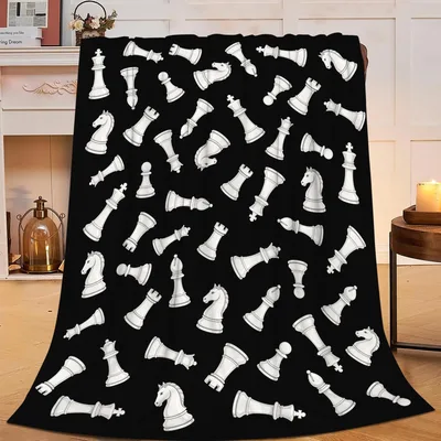 Chess Pieces Pattern Blanket: Scattered White Pieces on Black