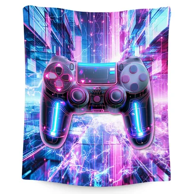 Neon Gaming Controller Portrait Blanket: Cyberpunk Style