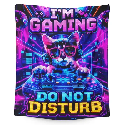 Gaming Cat Blanket: Neon DJ Cat Do Not Disturb Design