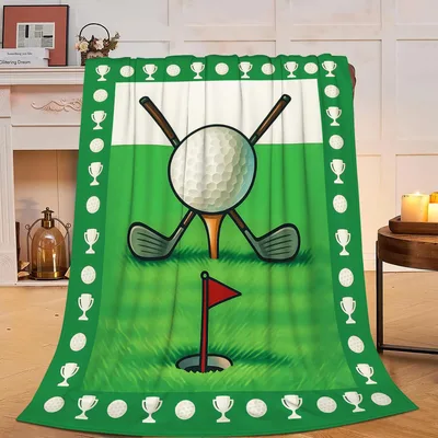 Golf Ball Clubs Blanket: Crossed Clubs and Trophy Border Design