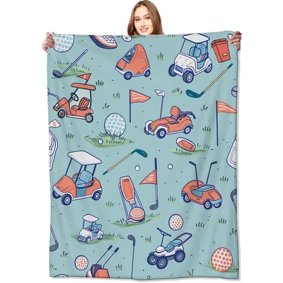 Golf Cart Blanket features a playful pattern of orange carts