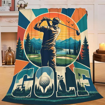 Golf Retro Sunset Blanket: Vintage Golf Scene with Mountain View