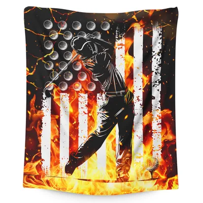 Golfer Swing American Flag Blanket: Fiery Golf Silhouette Design