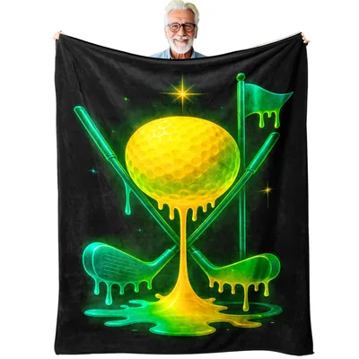 Golf Neon Drip Blanket: Glowing Golf Ball and Crossed Clubs Design