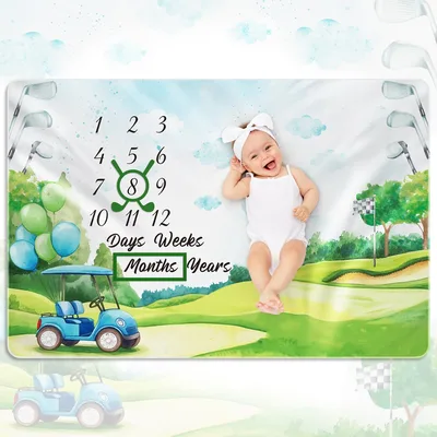 Golf Cart Monthly Milestone Blanket features a smiling baby