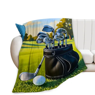 Golf Bag and Clubs Blanket: Golf Bag And Clubs On Green Design