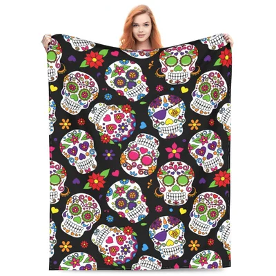 Colorful Skull Blanket: Day of the Dead Sugar Skull Throw