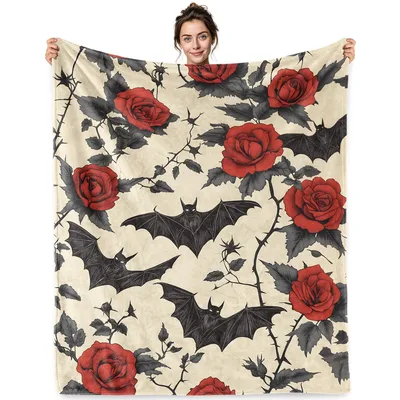 Gothic Bats Blanket Vintage Flying Bats and Roses Design