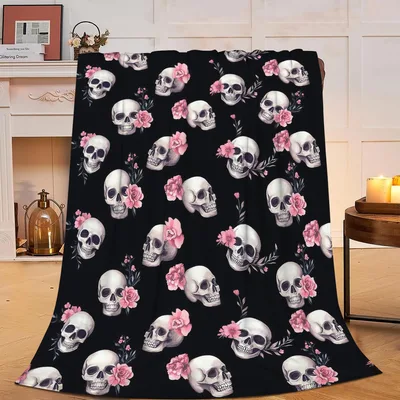Pink Rose Skull Blanket featuring a gothic floral pattern