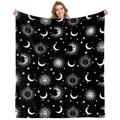 Sun and Moon Blanket Celestial Pattern with Faces and Stars