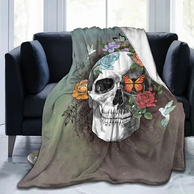 Skull and Flowers Blanket: Gothic Skull with Butterflies and Roses