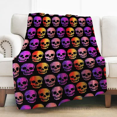 Rainbow Gradient Skulls Pattern Blanket: Vibrant Gothic Skull Design