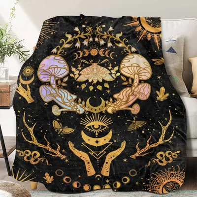 Witchy Mushroom Moon Blanket: Mystical Fungi and Celestial Eyes Design