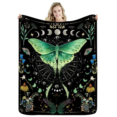 Luna Moth Blanket: Enchanted Green Moth and Moon Phases Design