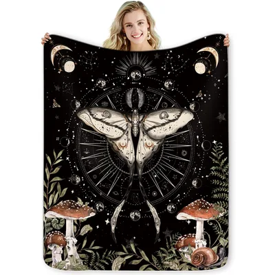 Moth Moon Phase Mushroom Blanket: Gothic Astrology and Fungi Design