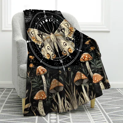 Moth Mushroom Celestial Blanket: Gothic Moth and Fungi Art