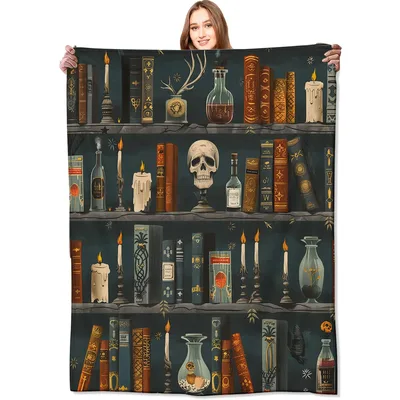Gothic Bookshelf Skull Blanket: Dark Academia Library Design