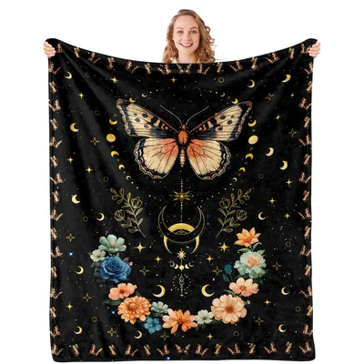Celestial Moth Moon Blanket: Gothic Butterfly and Moon Design