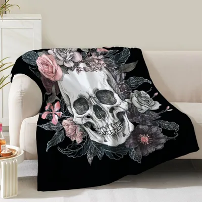 Skull Floral Blanket: Gothic Skull and Pink Roses Design