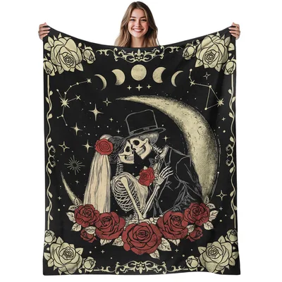 Skeleton Couple Under Crescent Blanket: Gothic Wedding Art