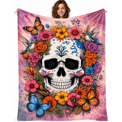 Sugar Skull Floral Blanket: Vibrant Day of the Dead Art Design