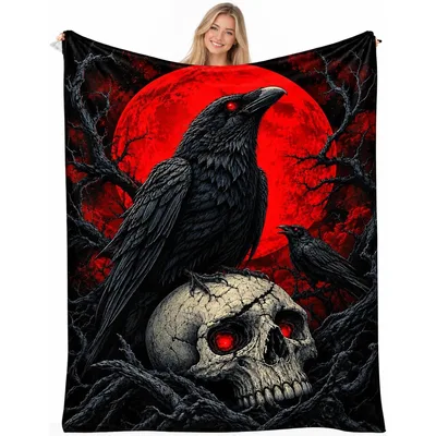 Gothic Raven Skull Blanket: Dark Art with Red Moon and Crow