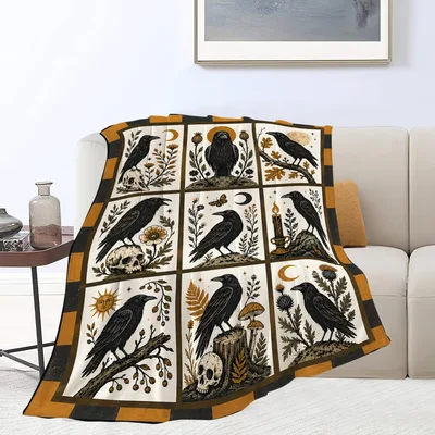 Gothic Crow Skull Blanket featuring a nine-panel grid of ravens
