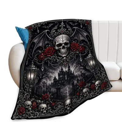 Gothic Skull Castle Blanket: Dark Gothic Art with Skulls and Roses