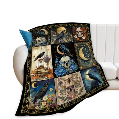 Gothic Raven Skull Moon Blanket features a nine-panel